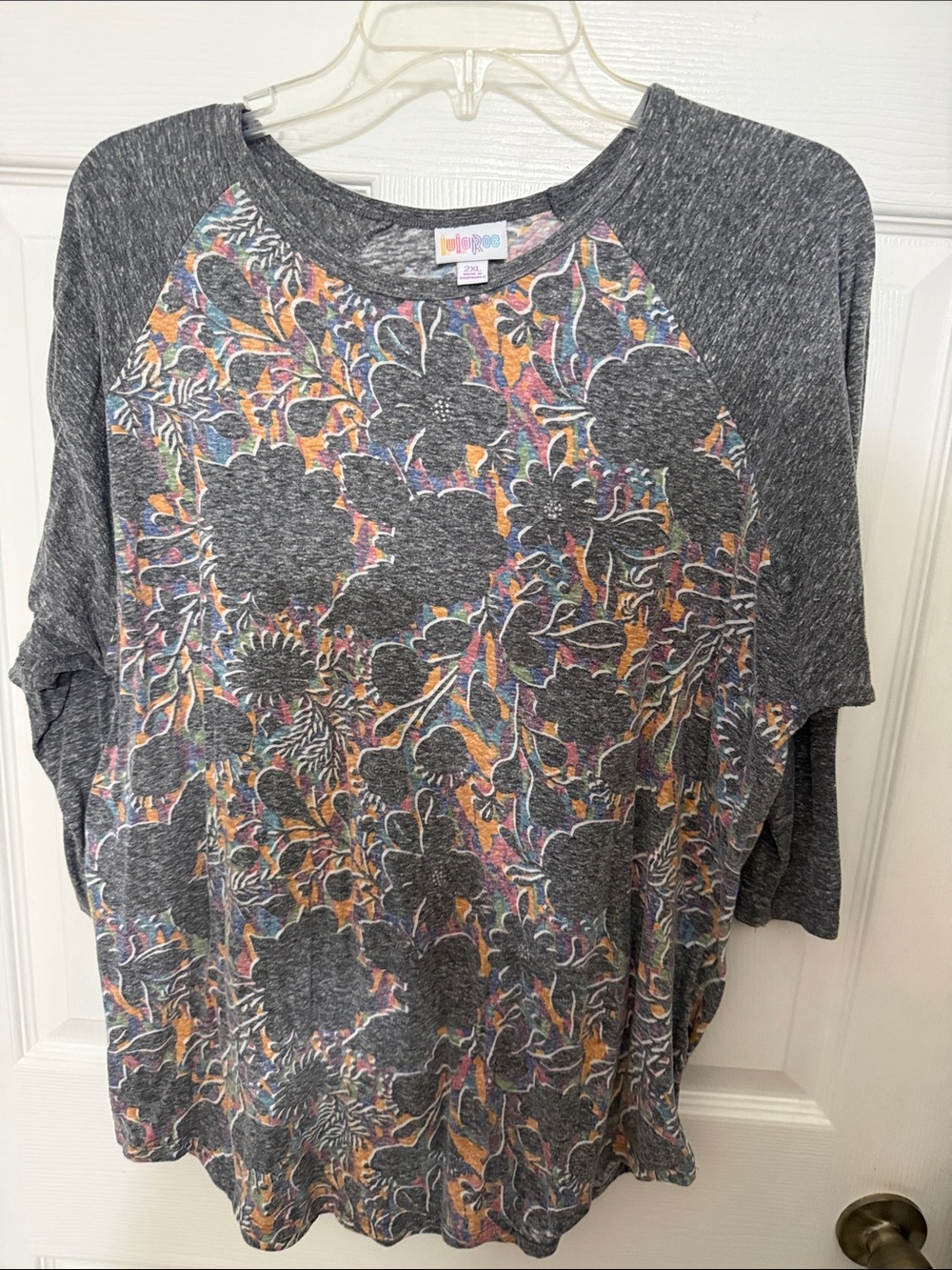 LuLaRoe Charcoal Floral Raglan Top with Multicolor Accents